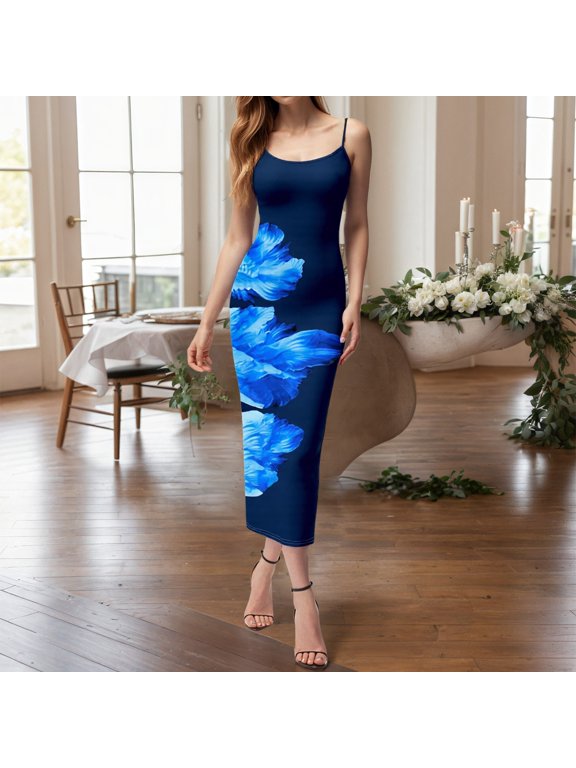 Women's Casual Dress for Women Summer Bodycon Elegant Boho Beach Sleeveless Floral Spaghetti Strap Square Neck Long Dress for Holiday and Everyday Wear Blue XXL