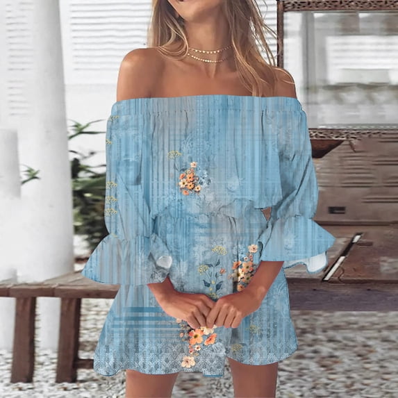 Women's Casual Tennis Dress Women Summer Dresses Print Beach Off Shoulder Tunic Casual Loose Fit Sleeve Dress Blue XXL