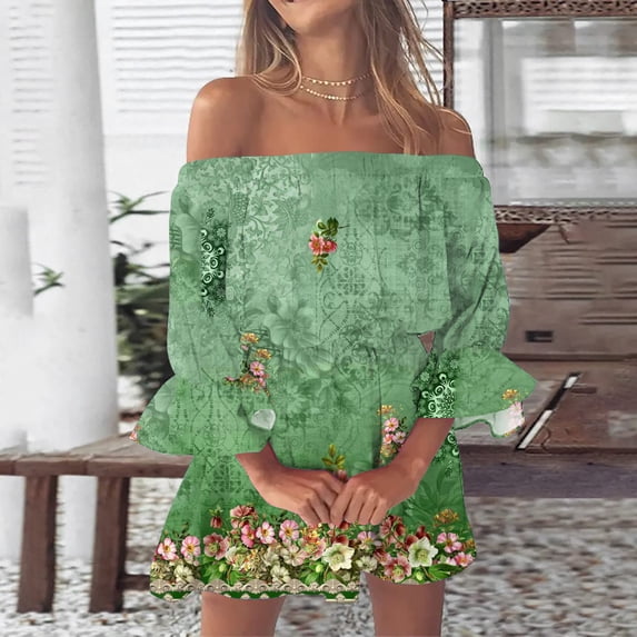 Women's Casual Tennis Dress Women Summer Dresses Print Beach Off Shoulder Tunic Casual Loose Fit Sleeve Dress Green M