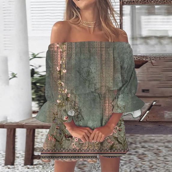 Women's Casual Tennis Dress Women Summer Dresses Print Beach Off Shoulder Tunic Casual Loose Fit Sleeve Dress Green XL