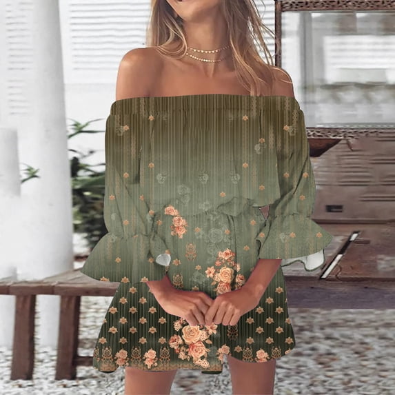 Women's Casual Tennis Dress Women Summer Dresses Print Beach Off Shoulder Tunic Casual Loose Fit Sleeve Dress Green XXL