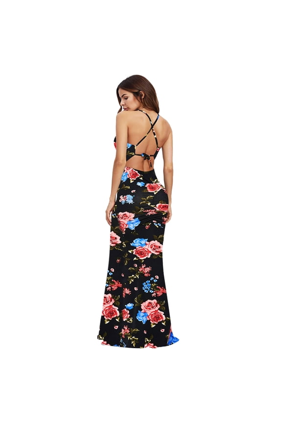 Women's Casual Tennis Dress Women's Evening with Floral Print O-Neck Strappy Backless Summer Party Wear Black S
