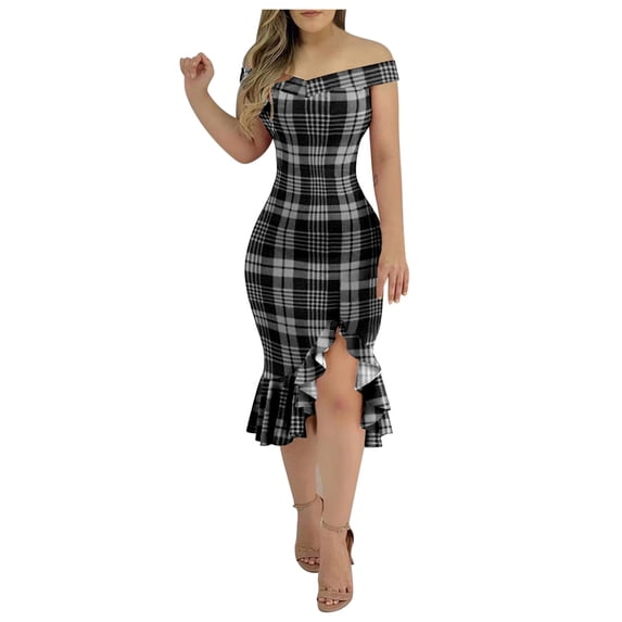 Women's Casual Tennis Dress Women's Fashion Plaid Dress with Cold Shoulder Ruffle Detail Loose and Slit Dress Black L