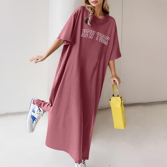 Women's Casual Dress Women's Summer Loose Casual Print Short Sleeve T Shirt Long Dress Pink M