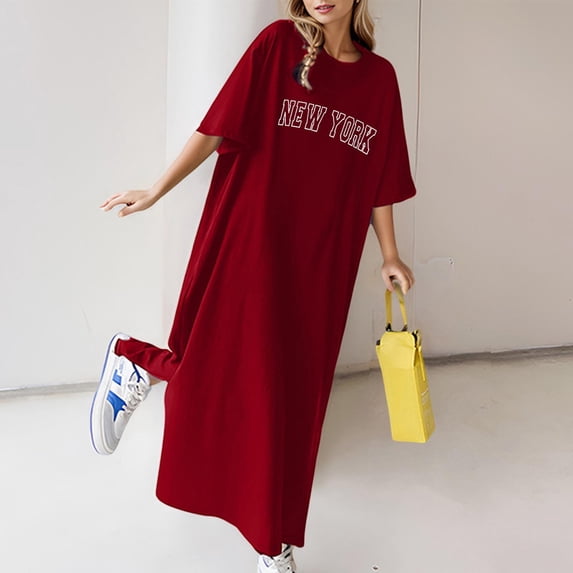 Women's Casual Dress Women's Summer Loose Casual Print Short Sleeve T Shirt Long Dress Red M