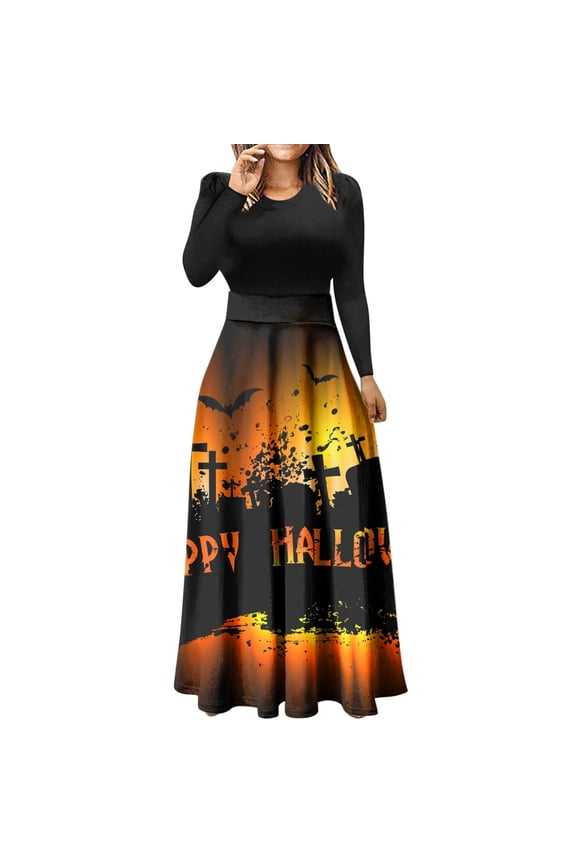 Women's Casual Dress Womens Halloween Dresses Long Sleeve Crewneck High Waisted Graphic Party Long Dress for Festive Celebrations and Events