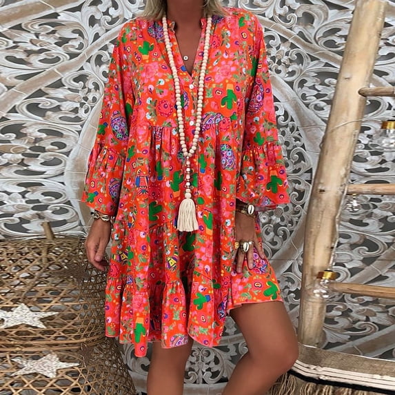 Women's Casual Tennis Dress for Everyday Wear Button Front Sleeve Loose Print with Comfortable Fit for Women’s V Plus Size Orange S
