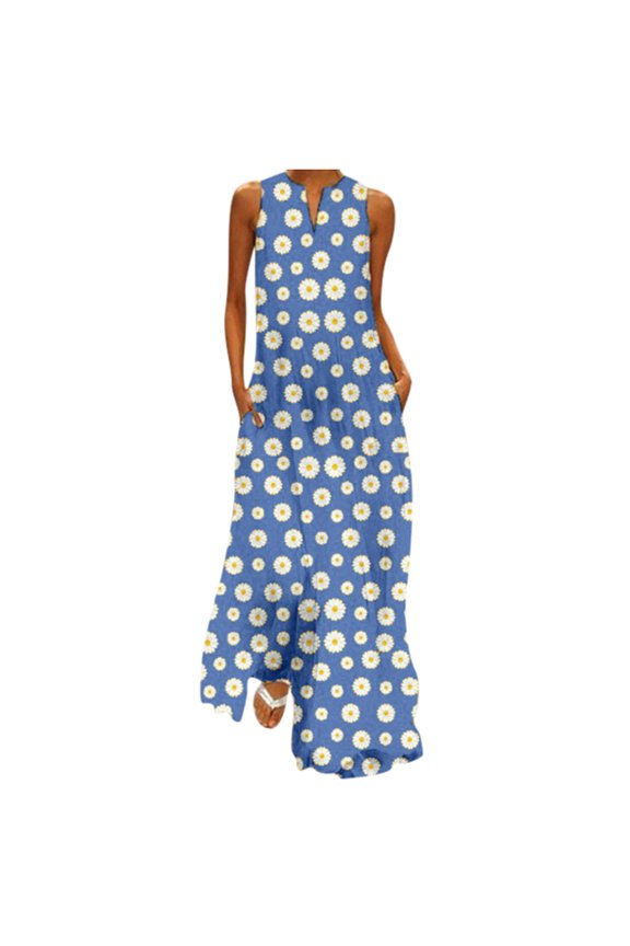 Women's Casual Dress for Everyday Wear Floral Sleeveless Neck V Splicing Printed Women’s Dress for Modern Style Blue M