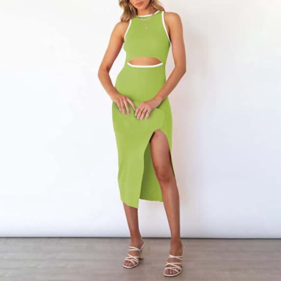 Women's Casual Tennis Dress for Everyday Wear Mid Length Sleeveless Ribbed Crew Neck Vest Split With Cut Out Detailing Green S