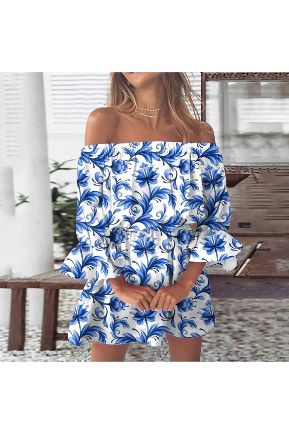 Women's Casual Tennis Dress for Everyday Wear from Exclusive Shoulder Ruffle Printed Dress for Spring and Summer Blue S