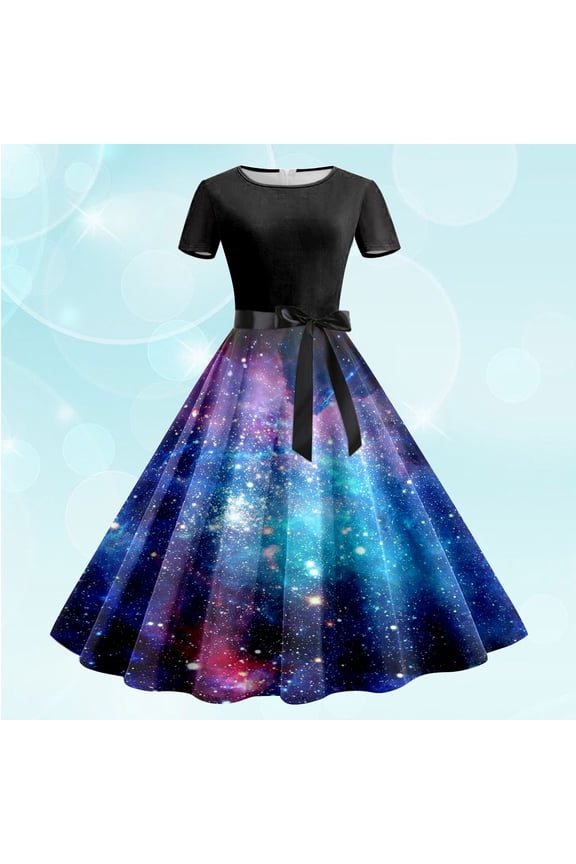 Women’s Casual Tennis Dress for Everyday Wear with Round Neck Short Sleeves and Removable Belt Galaxy Print Lightweight Summer Dress for Women Blue M