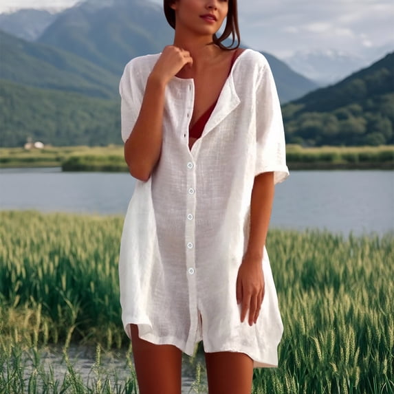 Women's Casual Dress for Everyday and Summer Mid Length Loose Solid Color Short Sleeves Chiffon Shirt Dress White 6XL