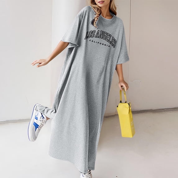 Women’s Casual Dress for Summer Loose Short Sleeve Flower Print Long T Shirt Dress Women’s Lightweight Everyday Wear Gray L