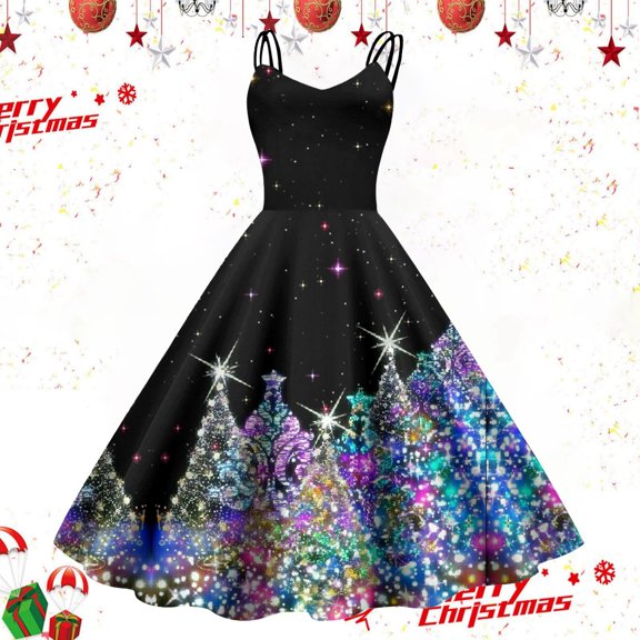 Women's Casual Dress for Women Fashionable Printed Strap Zipper Long Dress Elegant Everyday Wear Black S
