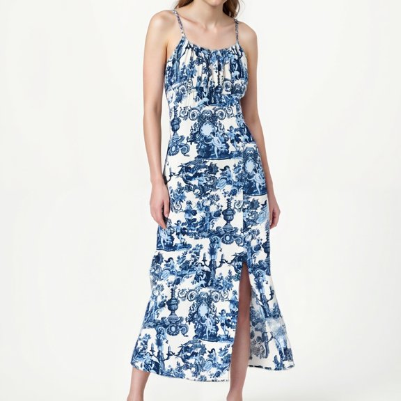 Women's Casual Dress for Women Stylish Floral Split Midi Dress with Europe US Print across Seasons Blue L