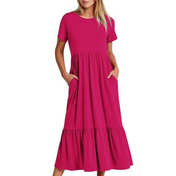 Women's Casual Dresses 2025 Summer Short Sleeve Dress Hide Belly Loose Fit Sundress with Pockets