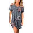 thumbnail image 1 of Women's Casual Dresses A Line Swing Cold Shoulder Short Sleeves Summer Beach Mini Dress Floral V Neck Sundresses, 1 of 5