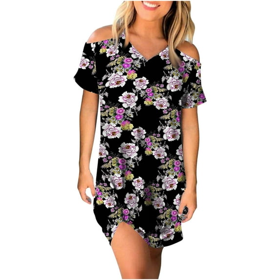 Women's Casual Dresses A Line Swing Cold Shoulder Short Sleeves Summer Beach Mini Dress Floral V Neck Sundresses