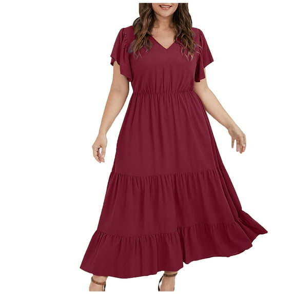 Women's Casual Dresses Clearance Short Sleeve V-Neck Knee-High Dress Solid Color Plus Size Gothic Dresses for Women Slim Fit Daily Mid-Calf Length dress,Wine,XL