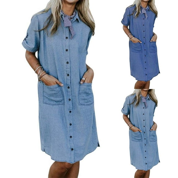 Women's Casual Dresses Denim Pocket Dress Classic Short Sleeve Slim Fit Solid Sundress Bu1 Skater Clothes Outfits S