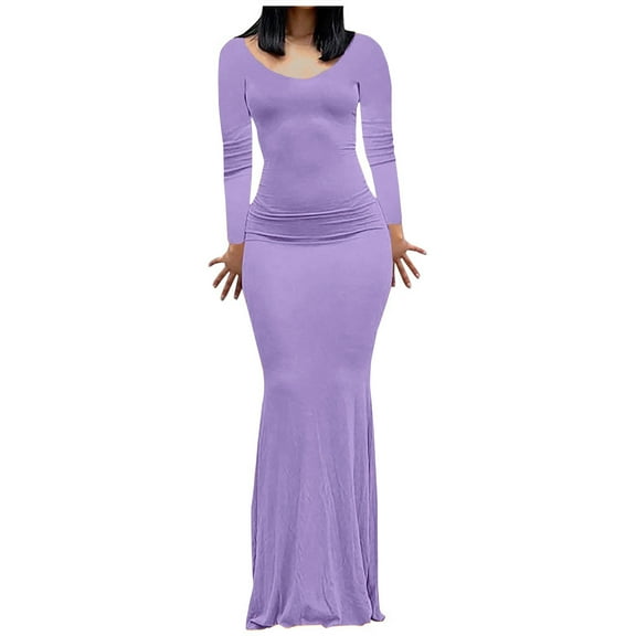 Women's Casual Dresses Fashion Women Round-Neck Solid Color Long Length Dress for Women Soft Maxi Length Stretchable Formal Dresses for Women Plus Size Dresses