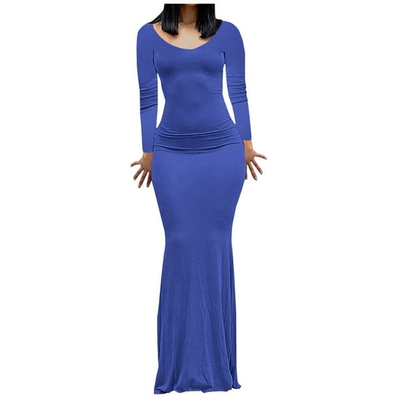 Women's Casual Dresses Casual Round Neck Solid Long Leeve Dress Soft Stretchable Plus Size Dresses