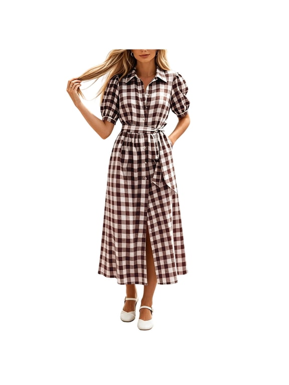 Women's Casual Dresses Gingham Shirt Midi Dress with Puff Short Sleeves Summer Long Shirt Sundress Brown M