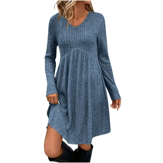 Women's Casual Dresses, Long Sleeve Dress For Women Crew Neck Waist Tunic Dress Knitted Stripe Vintage Dresses Trend 2025 Fall Winter Dresses