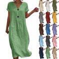 thumbnail image 1 of Women's Casual Dresses Notch V Neck Rolled Short Sleeve Loose Straight Maxi Dress With Decorative Buttons for Daily Beach, 1 of 6