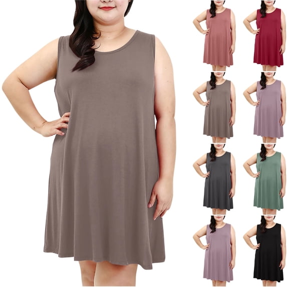 Women's Casual Dresses Oversized Fashion Tshirt Dress Lounge Plain Solid Color Sleeveless Plus Size Summer Dresses Crew Neck Beach Cover Up Sundress Oversized Dress