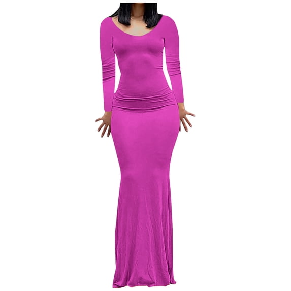 Women's Casual Dresses Round-Neck Solid Long Leeve Dress Soft Maxi Length Stretchable Plus Size Dresses