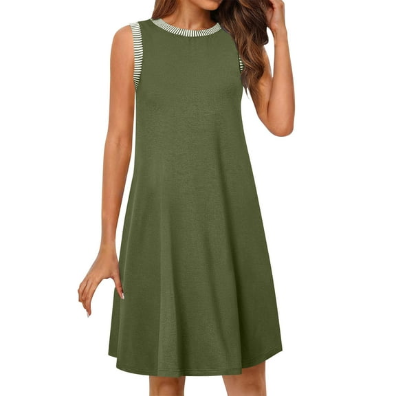 Women's Casual Dresses Sleeveless Mini Sundress Summer Crewneck Tank Loose Beach Short Dresses Olive Green