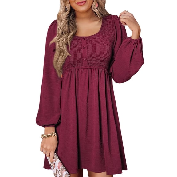 Women's Casual Dresses Smocked Crewneck Button Up Long Sleeve Waist A-Line Mini Dress Red M