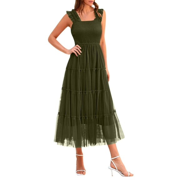 Women's Casual Dresses Summer Solid Color Gauze Dress Multi-Layer Spinning Mid-Calf Dress Comfort Sleeveless Square Neck Dress