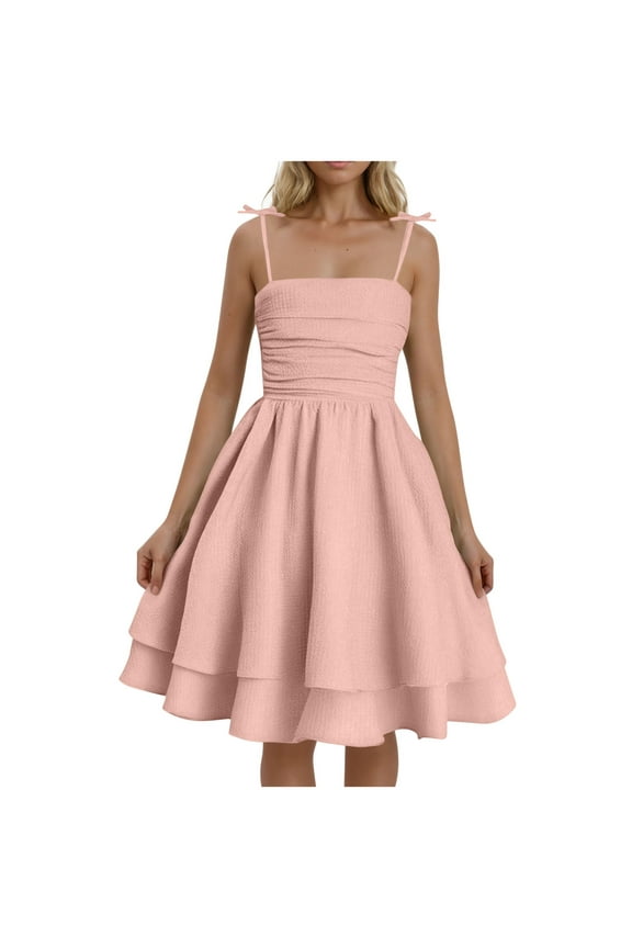Women's Casual Dresses UK Elegant Party Summer Solid Color Cute Adjustable Lace Up Side Pleated Hem Double-layer Camisole Dress Plus Size Ladies Wedding Guest Formal Cocktail Dresses