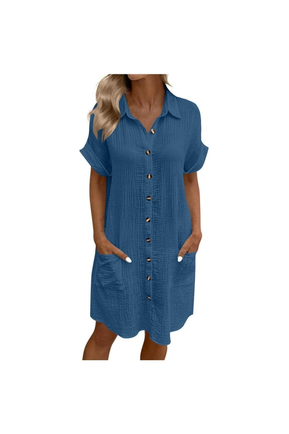 Women's Casual Dresses UK Elegant Party Trendy Solid Color Button Short Sleeve Turndown Collar Blouse Dress With Pocket Plus Size Ladies Wedding Guest Formal Cocktail Dresses
