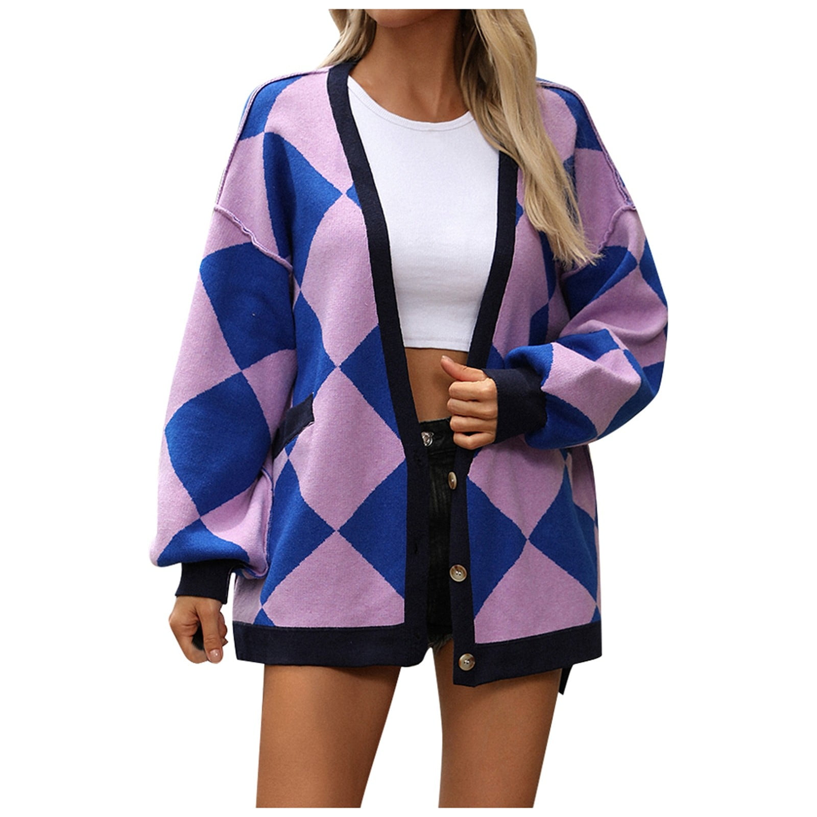 Women s Casual Dressy Cardigan Sweaters Fall Winter Women s Stylish V Neck Color Block Loose Knit Cardigan Sweater Jacket Walmart