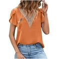 thumbnail image 1 of Women's Casual Dressy Tops Lace V Neck Short Petal Sleeve Shirts Fashion Color Block Loose Fit Blouses S-2xl (S, Orange), 1 of 4