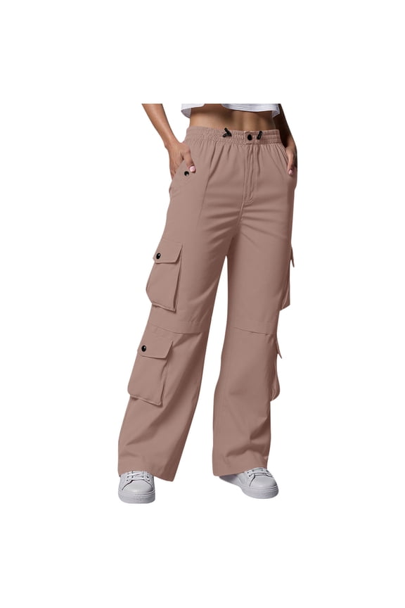 Women's Casual Elastic High Waist Pull On Cargo Pants Wide Leg Trousers with Flap Pocket Work Dressy Loose Fit Fashion Parachute Pants