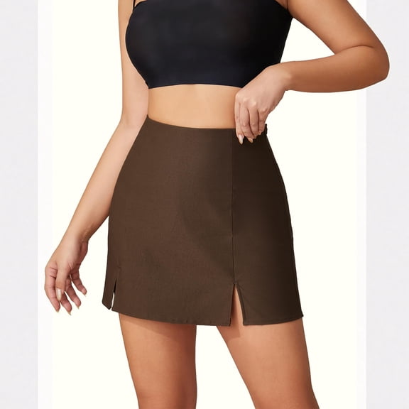 Women's Casual Elastic Mid Waisted Stretchy Slit Hem Bodycon Mini Skirt with Shorts Underneath y2k Cargo Skirt , Brown - L