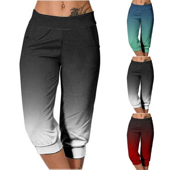Women's Casual Elastic Tie Waist Loose Long Pants Printing with Pocket Capris | Aestivo,Green L