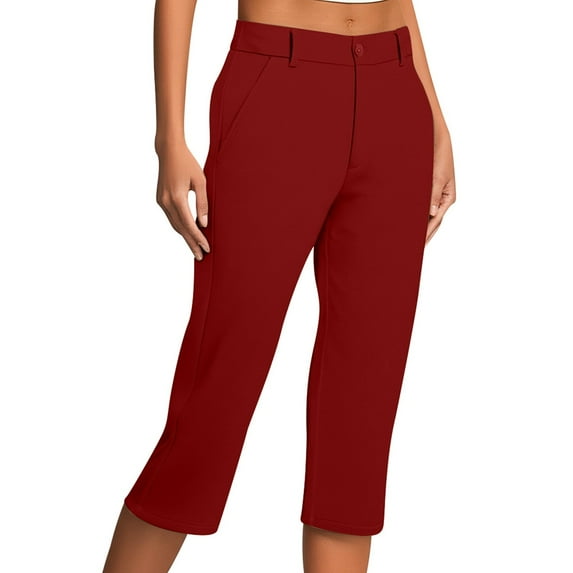 Women's Casual Elastic Waist Pants with Button Pocket Comfortable Solid Color Caprix Trousers for Everyday Wear