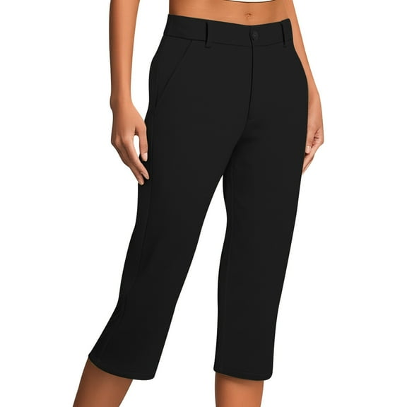 Women's Casual Elastic Waist Pants with Button Pocket Comfortable Solid Color Caprix Trousers for Everyday Wear