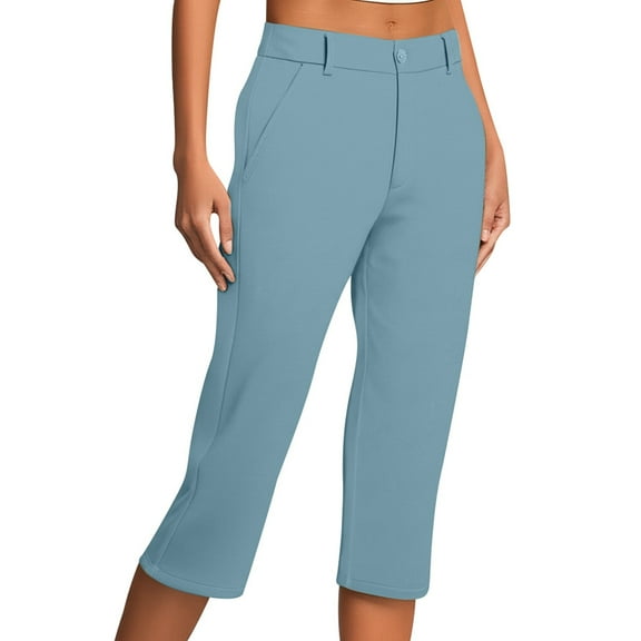 Women's Casual Elastic Waist Pants with Button Pocket Comfortable Solid Color Caprix Trousers for Everyday Wear