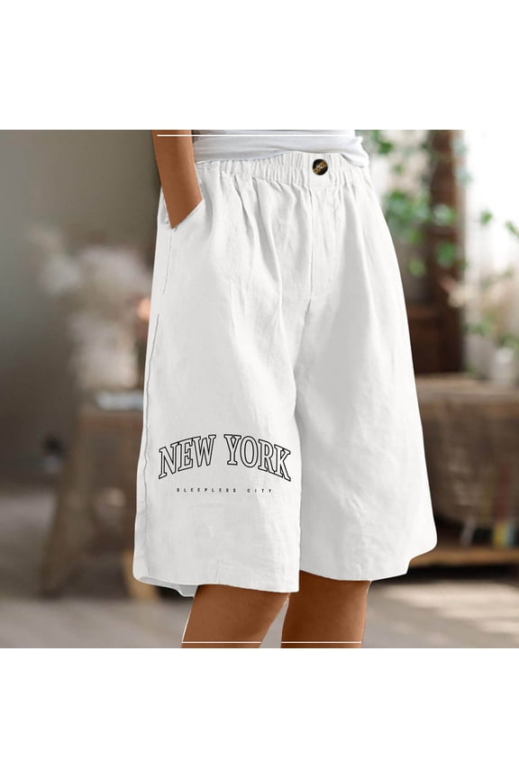 Women's Casual Elastic Waist Shorts Solid Color Button Down Wide Leg Half Pants with Pocket Comfortable Breathable Summer
