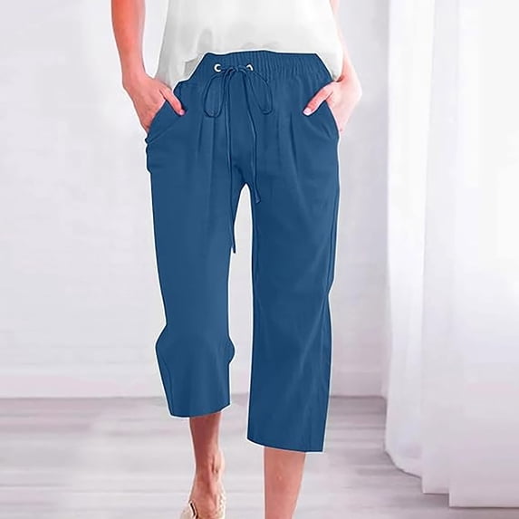 Women's Casual Elastic Waist Straight Leg Trousers with Pockets, Wide Leg Loose Fit Pants