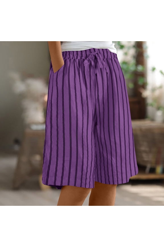Women's Casual Elastic Waistband Straight Wide Leg Pants Trousers Slacks with Pockets Stripe Print Loose Fit Stretchy Soft Lounge Wear Business Office Travel Essentials | Aestivo,Purple L