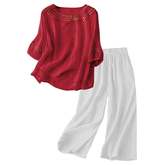 Women's Casual Embroidered Top and Cotton Linen Long Pants Two Piece Set, Summer Beach Vacation Outfit with High Waist Wide Leg Trousers and Side Pockets for Daily Wear Red M