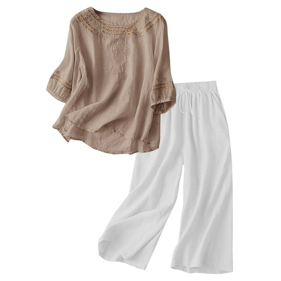 Women's Casual Embroidered Top and Cotton Linen Long Pants Two Piece Set, Summer Beach Vacation Outfit with High Waist Wide Leg Trousers and Side Pockets for Daily Wear Brown XXL
