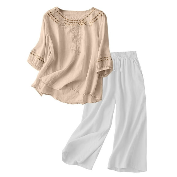 Women's Casual Embroidered Top and Cotton Linen Long Pants Two Piece Set, Summer Beach Vacation Outfit with High Waist Wide Leg Trousers and Side Pockets for Daily Wear Beige XL